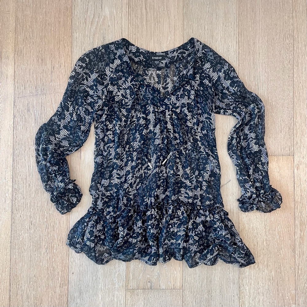 Bebe Sheer Black And Cream Floral Shirt Dress Size Small From France